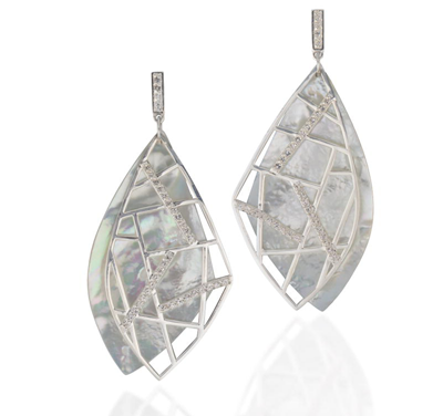 "Maze" leaf earrings, set in sterling silver and Mother of Pearl.