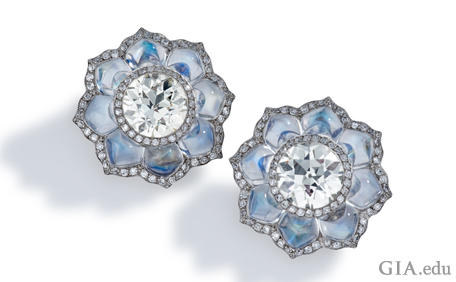 Diamond and moonstone flower earrings