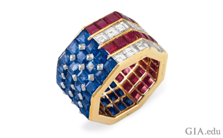 Octagonal shape ring with square-cut sapphires, rubies and diamonds