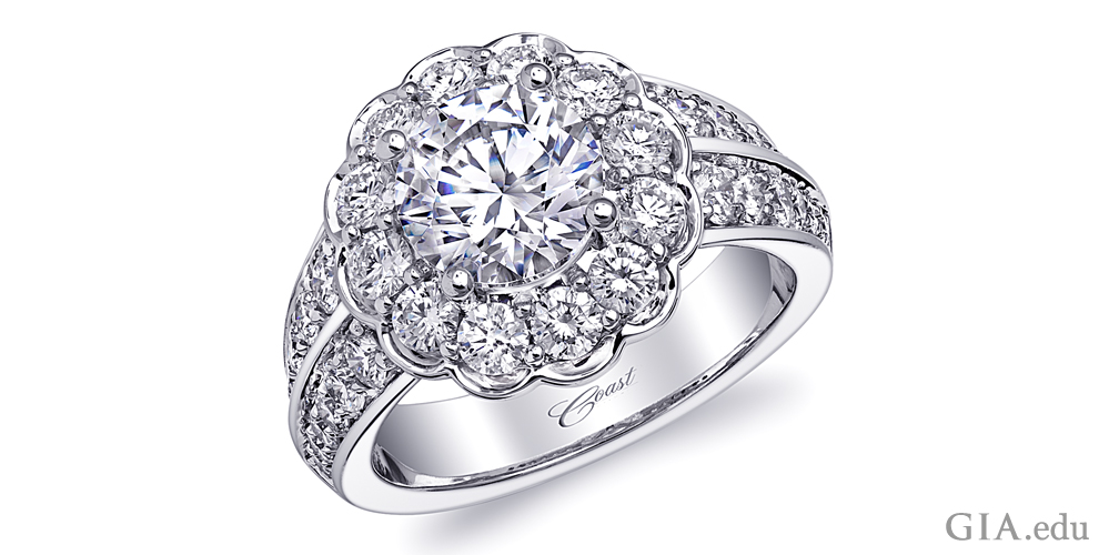 Platinum simulated diamond engagement ring, featuring a 1.50 ct CZ center stone surrounded by 1.40 carats of diamonds