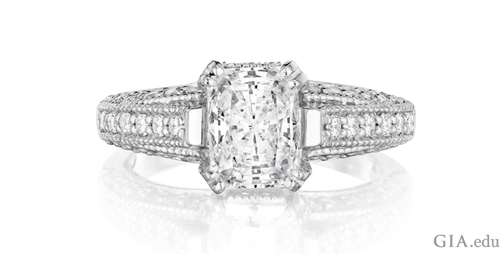 Beautiful 20.04 ct radiant cut diamond set in platinum showcases the excitement of this faceting style.