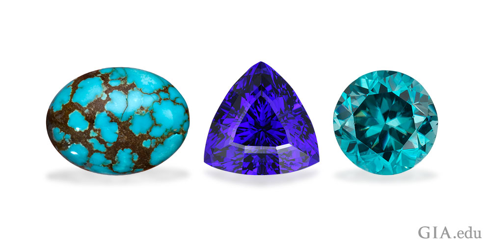 December birthstones: Turquoise cabochon treated by the Eljen process, 8.08 ct., tanzanite, and zircon.