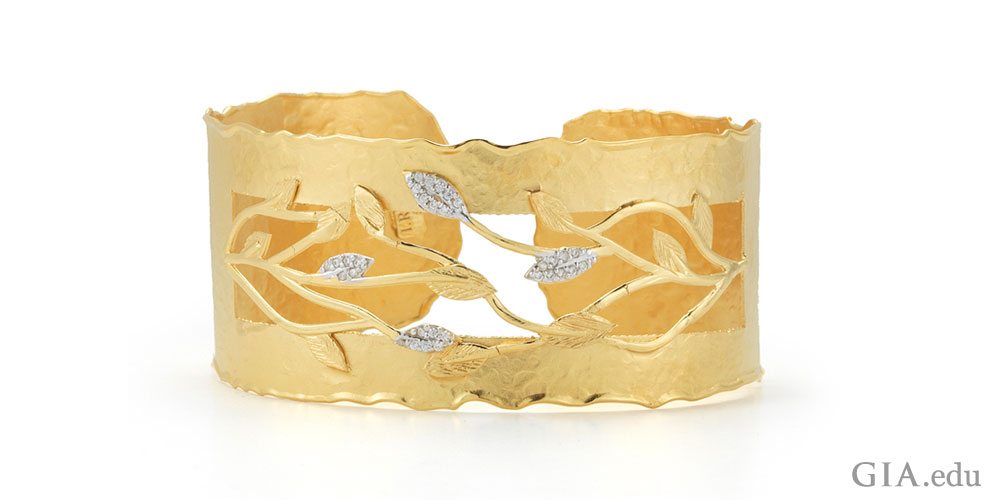 Vine Cuff Bracelet Designed by I.Reiss. Hand-Crafted in 14K Yellow Gold Matte and Hammer-Finished Scallop Edge Vine Cuff Bracelet Enhanced with 0.20 Carat Diamonds.