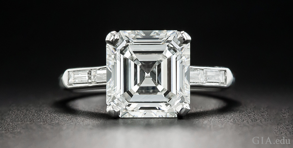 A 3.30 carat Asscher cut, H color diamond engagement ring.