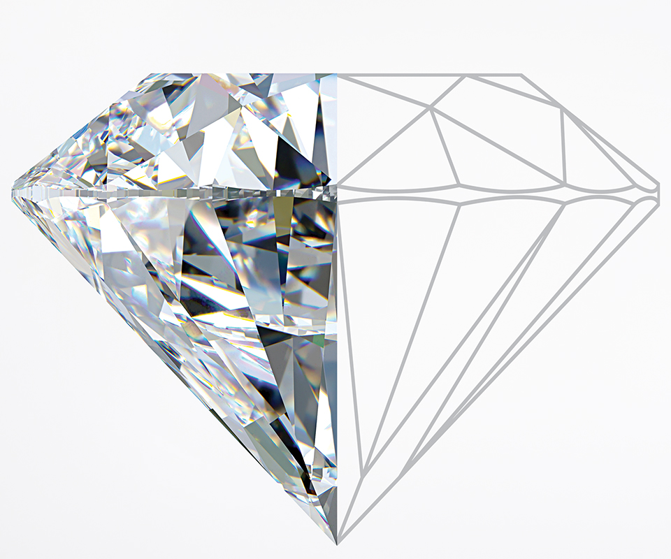 Half of a diamond with the other half of its facets outlined