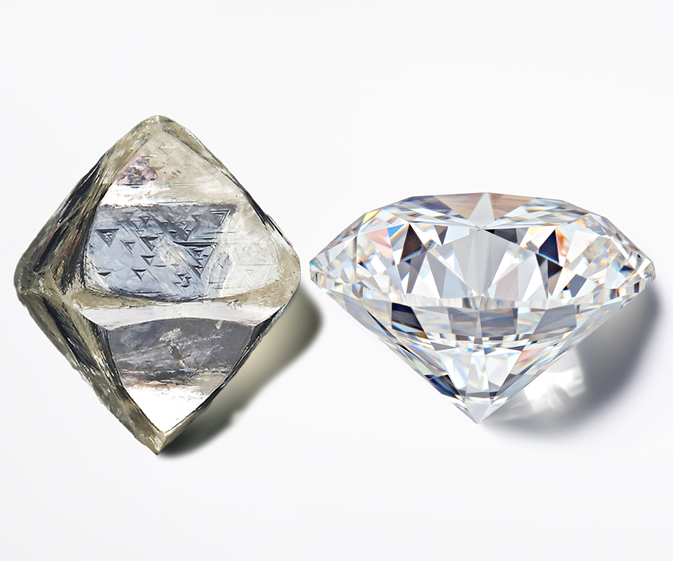 Rough diamond next to a polished diamond