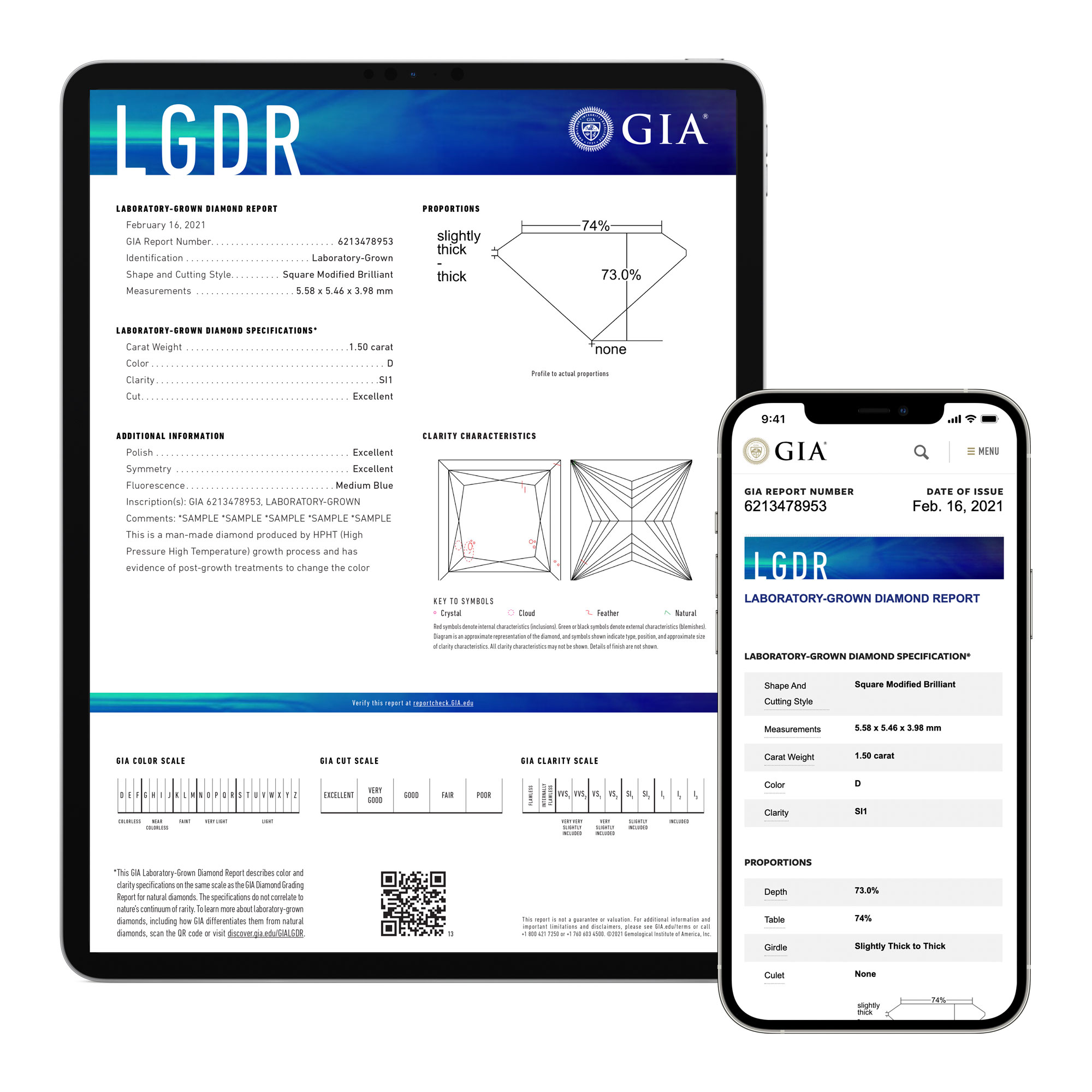 A table and smartphone displaying GIA Laboratory-Grown Diamond Reports